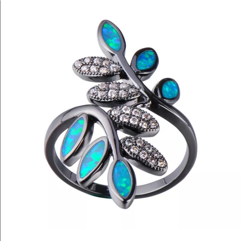 BRAND NEW 18KT/925 BLUE FIRE OPAL/ TOPAZ LEAF RING